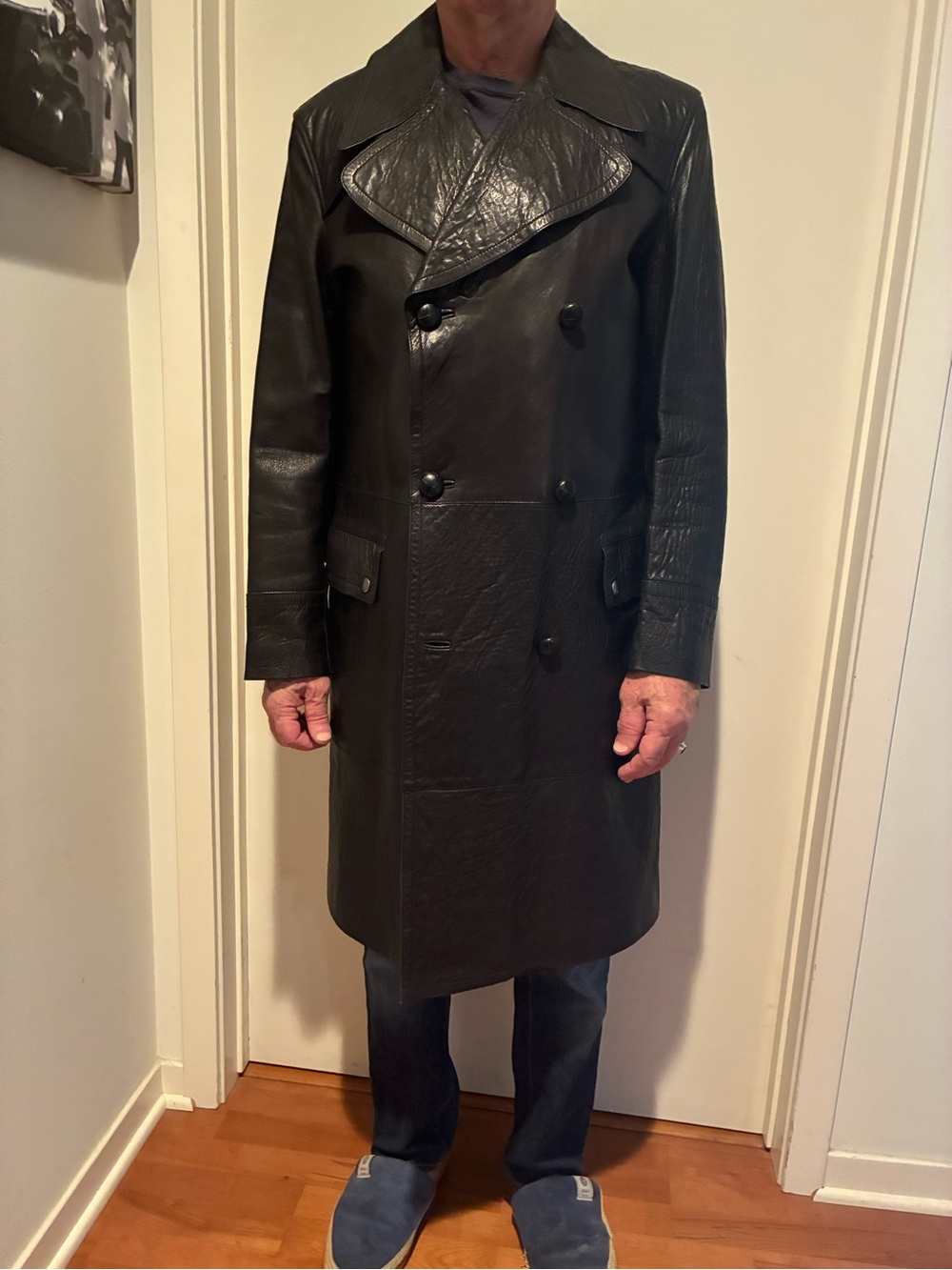 Ralph Lauren Black Leather Double-Breasted Trench Coat with Wide Lapels